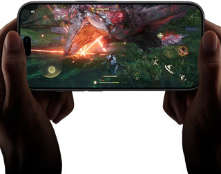 iPhone 18 Pro, front exterior, demonstrating the performance capabilities of the A20 Pro chip with a scene from Monster Hunter Outlanders