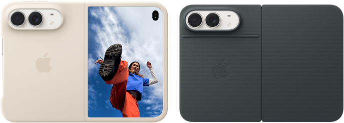 iPhone Duo, Star White colour in Sand Silicone Case, landscape orientation, fully opened horizontally, Dual Fusion cameras on the top left, case covers the back exterior and outer edge of the front display, right side features portrait of person on outer display. iPhone Duo, Star White colour, fully opened horizontally, Navy Blue Folio with Kickstand, fully opened horizontally, back exterior featuring the 48MP Dual Fusion rear cameras, two lenses