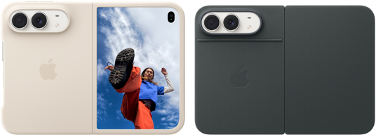 iPhone Duo, Star White colour in Sand Silicone Case, landscape orientation, fully opened horizontally, Dual Fusion cameras on the top left, case covers the back exterior and outer edge of the front display, right side features portrait of person on outer display. iPhone Duo, Star White colour, fully opened horizontally, Navy Blue Folio with Kickstand, fully opened horizontally, back exterior featuring the 48MP Dual Fusion rear cameras, two lenses
