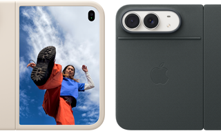 iPhone Duo, Star White colour in Sand Silicone Case, landscape orientation, fully opened horizontally, Dual Fusion cameras on the top left, case covers the back exterior and outer edge of the front display, right side features portrait of person on outer display. iPhone Duo, Star White colour, fully opened horizontally, Navy Blue Folio with Kickstand, fully opened horizontally, back exterior featuring the 48MP Dual Fusion rear cameras, two lenses