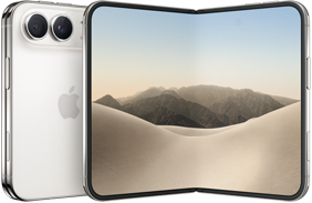 iPhone Duo, folded back exterior, Star White colour, Dual Fusion camera system at top left, Apple logo in centre. Unfolded interior display, all-screen design, rounded corners