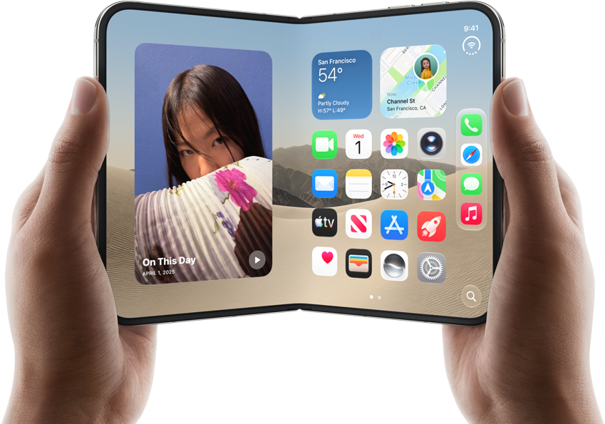 iPhone Duo, Star White colour, held by two hands in landscape orientation, unfolded, interior screen displays photos on the left, apps on the right