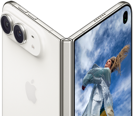 iPhone Duo, partially open like a book with hinge mechanism in the centre, exterior back panel on the left features an Apple logo and dual-camera, outer display on the right shows a portrait photo of a person with blonde hair