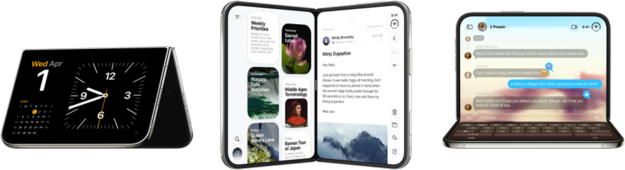 iPhone Duo, various positions: inverted open landscape orientation, unfolded at slight angle, exterior display, all-screen design. Slightly open like a book and standing upright. Open landscape orientation, unfolded at right angle, interior display, all-screen design
