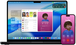 14-inch MacBook Pro and iPhone 16 — the iPhone is calling a contact named Luis while the MacBook Pro shows the same call in the Phone app