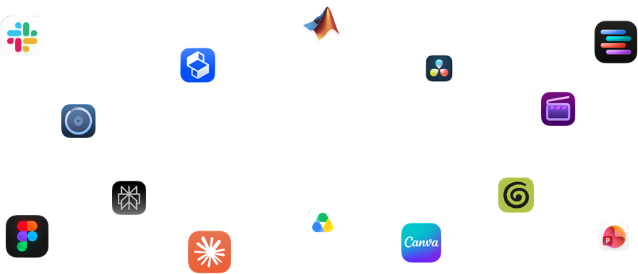 Various app glyphs are arranged around text that reads: Apps fly on macOS