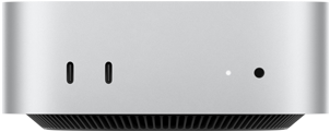 Mac mini, front view, silver enclosure, two USB-C ports, power button, status light, ventilation grill at the bottom