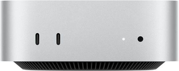 Mac mini, front, two Thunderbolt ports, status indicator light and headphone jack, tapered black base at bottom, flat top, rounded sides, straight edges, silver colour