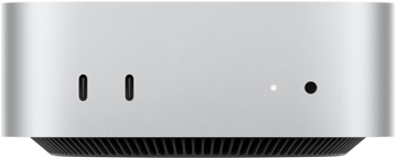 Mac mini, front, two Thunderbolt ports, status indicator light and headphone jack, tapered black base at bottom, flat top, rounded sides, straight edges, silver colour