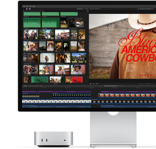 Mac mini paired with Studio Display, screen shows a title screen from a film called Black American Cowboy on the right, several image stills on the left