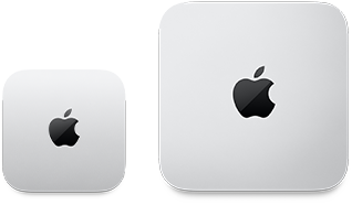 Two Mac mini devices, top, silver aluminium, rounded corners, glossy black Apple logo centred, device on left is updated release and less than half the size of device on right