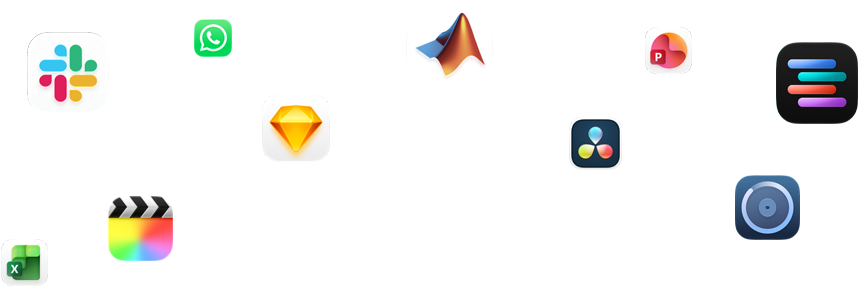 Various app glyphs are arranged around text that reads: Let your pro apps fly