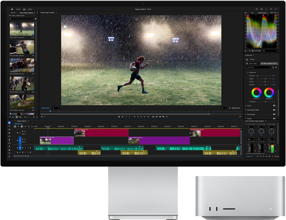 Studio Display XDR with built-in stand, Mac Studio fits neatly under screen, video editing and colour grading tools workflow on screen