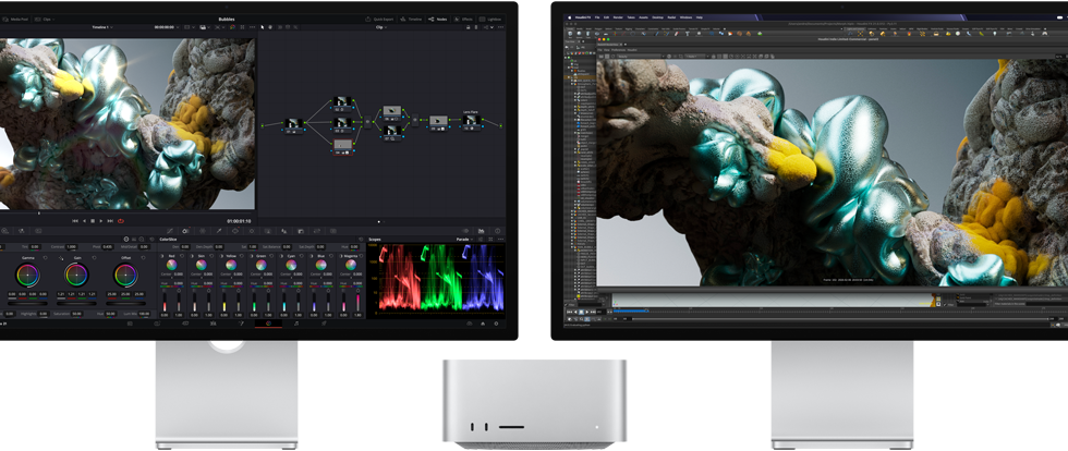 Studio Display monitor and Studio Display XDR monitor, one each on either side of Mac Studio, displaying artist workspace, 3D model software and tools