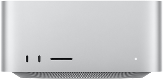 Mac Studio, front, two USB-C ports, SDXC card slot, status indicator light, tapered base at bottom, flat top, rounded sides, straight edges, silver