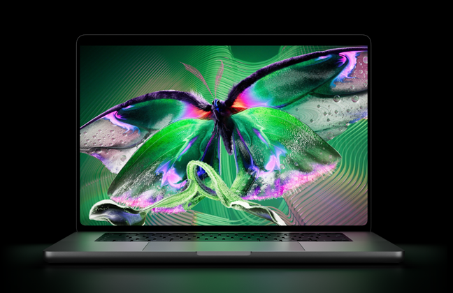 MacBook Pro with PROLED XDR Display, open lid, silver colour, display shows detailed, high-contrast image with vivid colours, screen illuminates keyboard