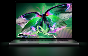 MacBook Pro with PROLED XDR Display, open lid, silver colour, display shows detailed, high-contrast image with vivid colours, screen illuminates keyboard