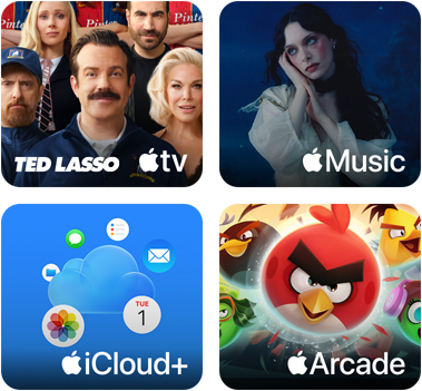 Four tiles, Apple TV tile shows characters from the show Ted Lasso, Apple Music tile shows cover art for Davido's album 5ive, iCloud Plus tile shows a cloud surrounded by app icons for Photos, Calendar, Mail, Reminders, Messages, and Files, Apple Arcade tile shows characters from the game Angry Birds