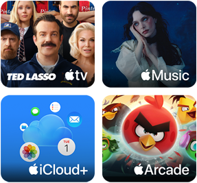 Four tiles, Apple TV tile shows characters from the show Ted Lasso, Apple Music tile shows cover art for Davido's album 5ive, iCloud Plus tile shows a cloud surrounded by app icons for Photos, Calendar, Mail, Reminders, Messages, and Files, Apple Arcade tile shows characters from the game Angry Birds