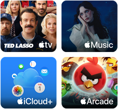 Four tiles, Apple TV tile shows characters from the show Ted Lasso, Apple Music tile shows cover art for Davido's album 5ive, iCloud Plus tile shows a cloud surrounded by app icons for Photos, Calendar, Mail, Reminders, Messages, and Files, Apple Arcade tile shows characters from the game Angry Birds