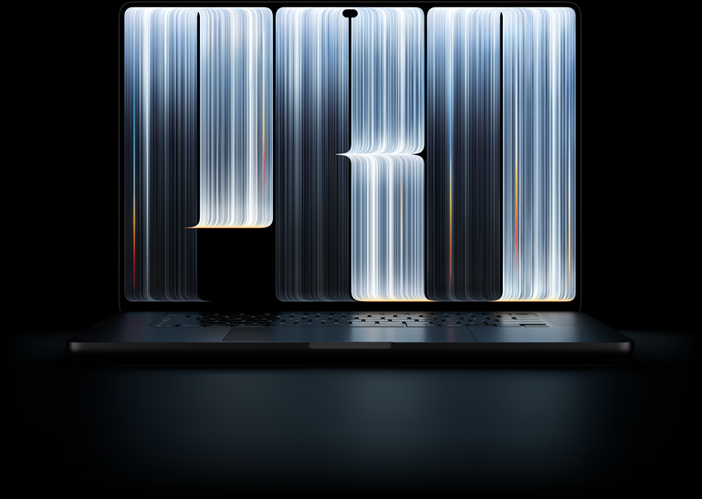 MacBook Pro with PROLED XDR Display, space black colour, screen shows ribbon-like objects densely patterned with glowing stripes, spelling the word Pro