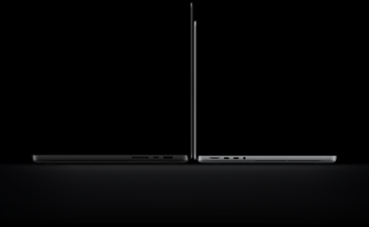 16-inch MacBook Pro with PROLED XDR Display, open lid, space black colour, right side exterior with three ports, text reads: 4.0 pounds, 14-inch MacBook Pro with PROLED XDR Display, open lid, silver colour, left side exterior with four ports, text reads: 3.0 pounds