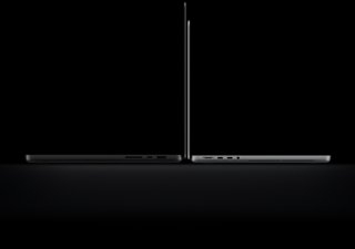 16-inch MacBook Pro with PROLED XDR Display, open lid, space black colour, right side exterior with three ports, text reads: 4.0 pounds, 14-inch MacBook Pro with PROLED XDR Display, open lid, silver colour, left side exterior with four ports, text reads: 3.0 pounds