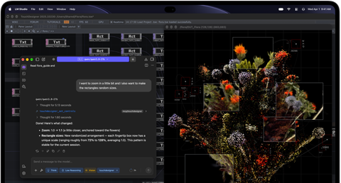 MacBook Pro with PROLED XDR Display, space black colour, screen shows an image being created using TouchDesigner and LM Studio