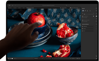 MacBook Pro with PROLED XDR Display with a still life image of pomegranates with blue ceramics and textiles, a hand reaches towards the screen to interact with the art