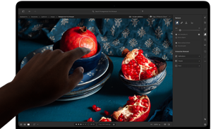 MacBook Pro with PROLED XDR Display with a still life image of pomegranates with blue ceramics and textiles, a hand reaches towards the screen to interact with the art