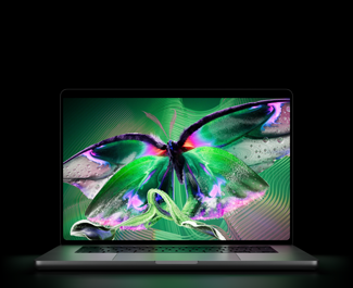 MacBook Pro with PROLED XDR Display, open lid, silver colour, display shows detailed, high-contrast image with vivid colours, screen illuminates keyboard