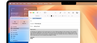 An open email in progress in the Mail app, text highlighted, with Apple Intelligence Writing Tools rewriting options open and a professional tone selected.