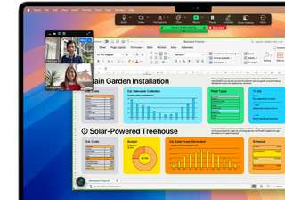 Graphs, charts and a video call are open and active on a 16-inch MacBook Pro to demonstrate the compatibility of macOS with Microsoft Excel and Zoom