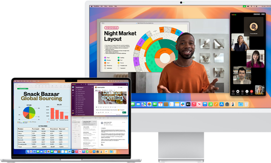 An open 15-inch MacBook Air in Silver running Mail, Numbers and Slack, next to a 24‑inch iMac showing a person giving a Keynote presentation on FaceTime
