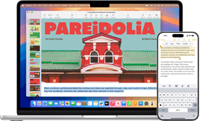 An open Apple laptop with iPhone in forefront. The iPhone has highlighted copy displayed in Notes which replicates highlighted copy on Apple laptop.