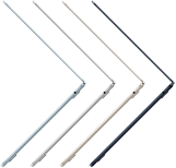 Four different coloured opened Apple laptops, shown from the side to display thinness of product and slightly angled.