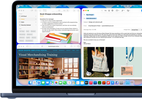 MacBook Neo, indigo colour, screen shows composing a welcome email to new employee of bookstore, other tiled windows contain Notes doc about onboarding and bookstore's employee portal website in Safari
