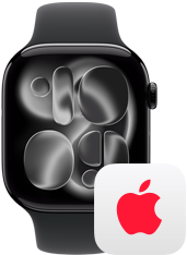 Apple Watch Series 11, aluminium jet black case, right side exterior: Digital Crown, black Sport Band, AppleCare+ logo